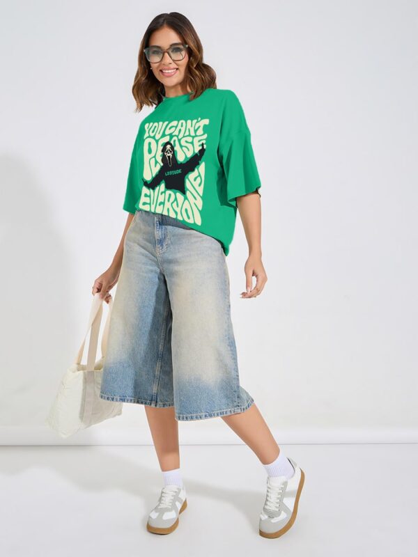 Oversized Half Sleeve Tshirt for Women, Round Neck Longline Printed Drop Shoulder T-Shirt (Color Rama Green) - Image 3