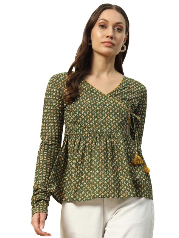 Women's Green Cotton Top with Lace Detail and Printed Pattern