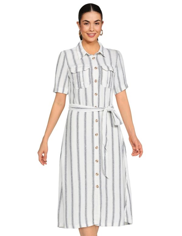 Womens Linen Blend Striped Belted Midi Dress (XS) - Image 3