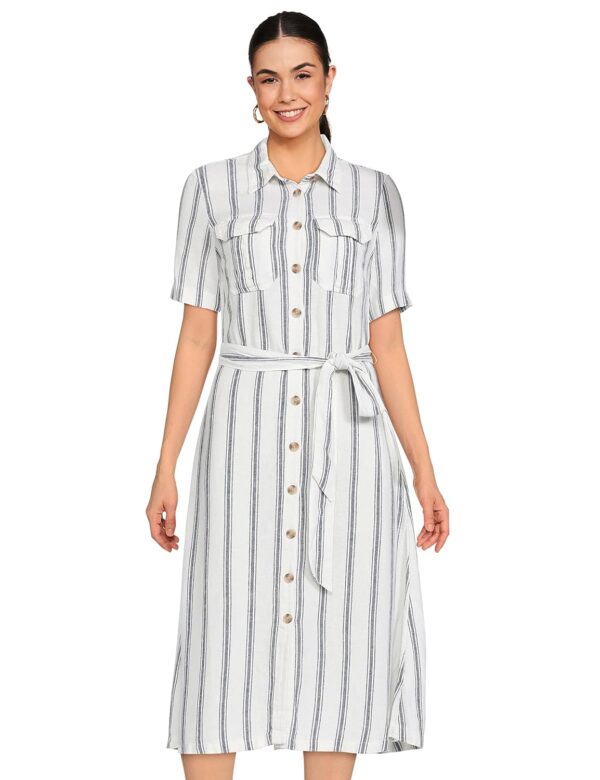 Womens Linen Blend Striped Belted Midi Dress (XS)