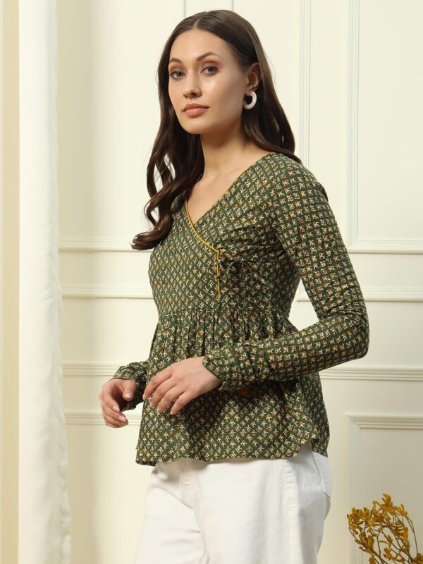 Women's Green Cotton Top with Lace Detail and Printed Pattern - Image 4