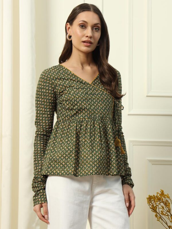 Women's Green Cotton Top with Lace Detail and Printed Pattern - Image 3