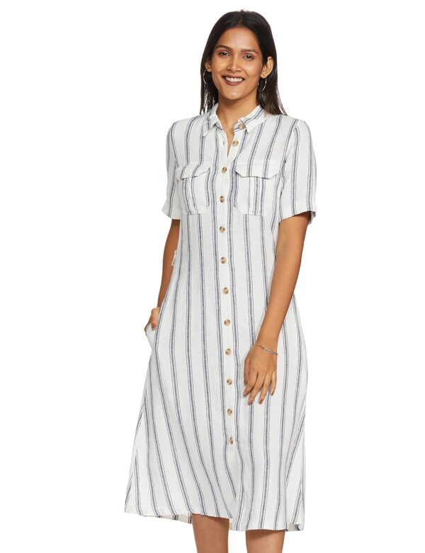 Womens Linen Blend Striped Belted Midi Dress (XS) - Image 5