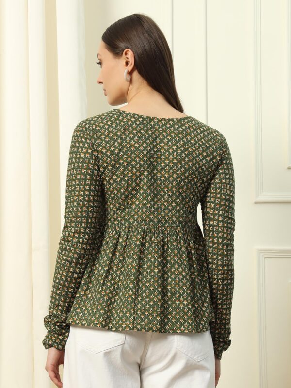 Women's Green Cotton Top with Lace Detail and Printed Pattern - Image 2