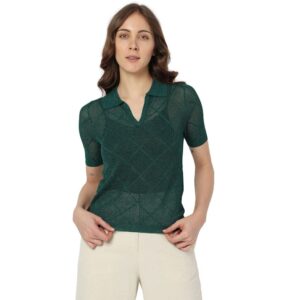 Textured Viscose Blend Collar Neck Women's Top