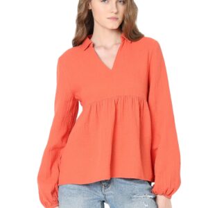 Shirt Collar Solid Cotton Top