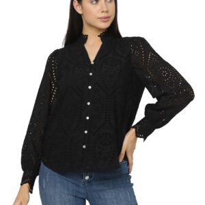 Women's Cotton Mandarin Collar Solid Regular Fit Shirt | Schiffli Design Shirt for Women