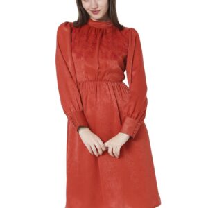 High Neck Cuffed Sleeve Embroidered Fit & Flare Dress