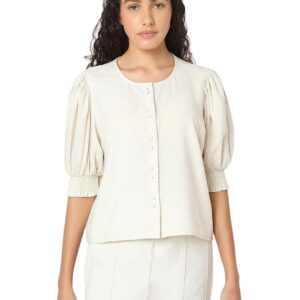 Women's Polyester Blend Regular Fit Puff Sleeve Monochrome Top