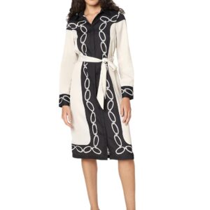 Women Printed Shirt Collar Cuffed Sleeves A-Line Dress with tie up Belt