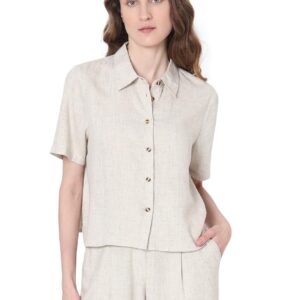 Women's Polyester Blend Regular Fit Opaque Spread Collar Casual Shirt