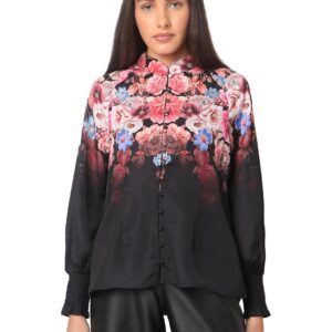 Women's Cotton Floral Print Regular Fit Blouson Top | Mandarin Collar | Bishop Sleeves Top for Women