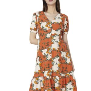 Conversational Printed V-Neck A-Line Dress