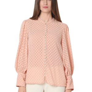 Women Textured Jacquard Casual Shirt | Mandarin Collar | Full Sleeves | Shirts for Women